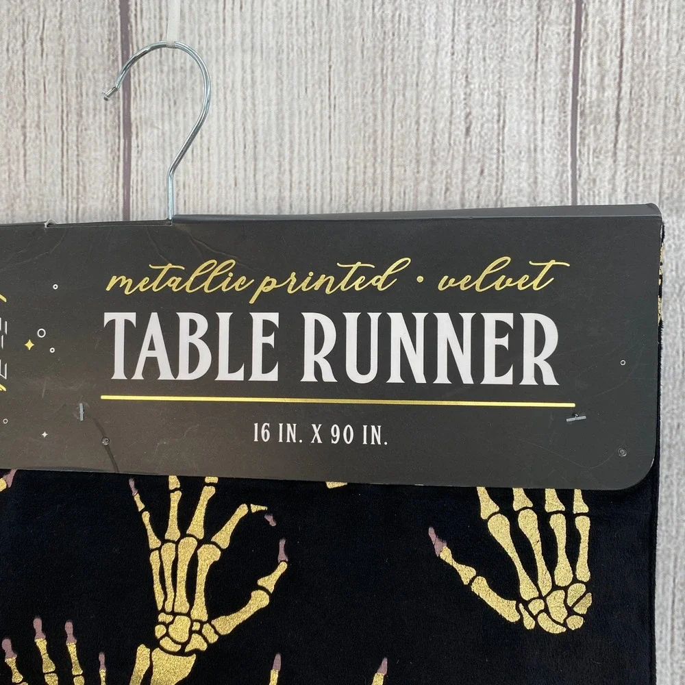 Lunaville Table Runner Black Gold Metallic Skeleton Hand Beaded Nails Halloween